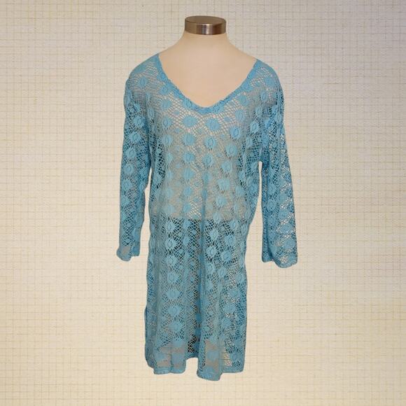 Porto Cruz Blue Crochet Swim Cover Up Dress XL Beach Layer Boho Sheer - Picture 1 of 7